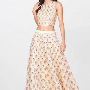 Beige Floral Embroidered Two Piece Set